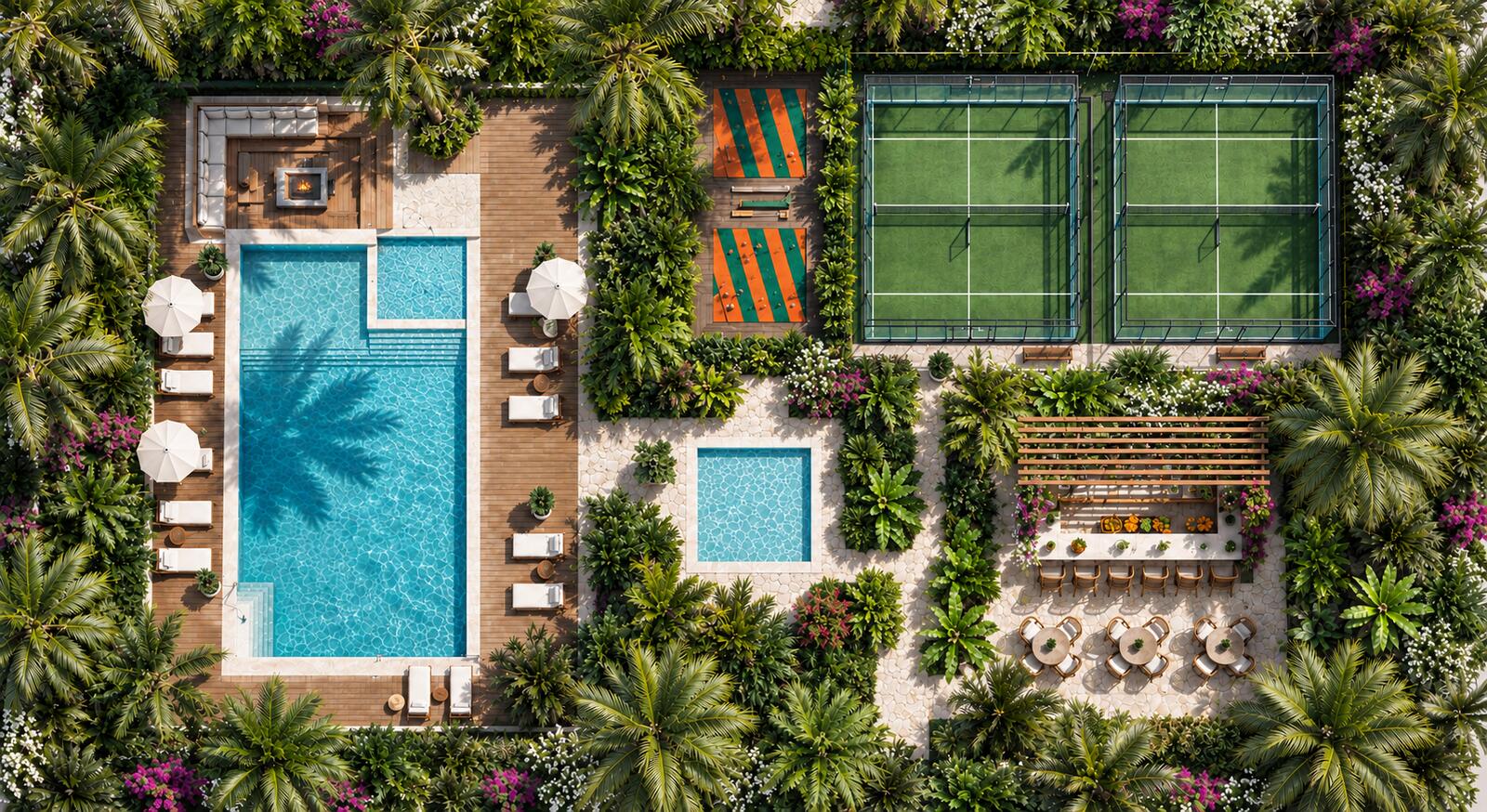 SOLIMAR outdoor resort from above: semi-Olympic pool, children's pool, two padel courts and health bar