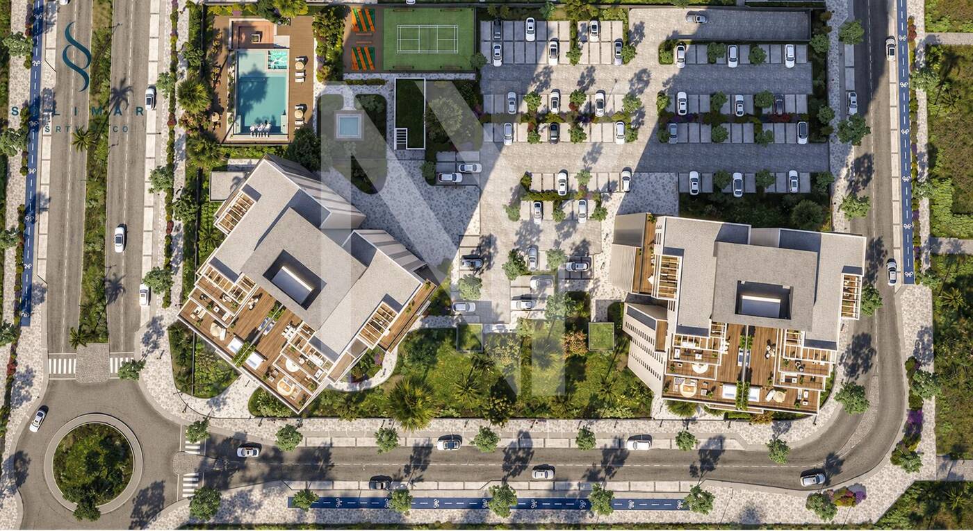 SOLIMAR site plan with two buildings, pool and courts
