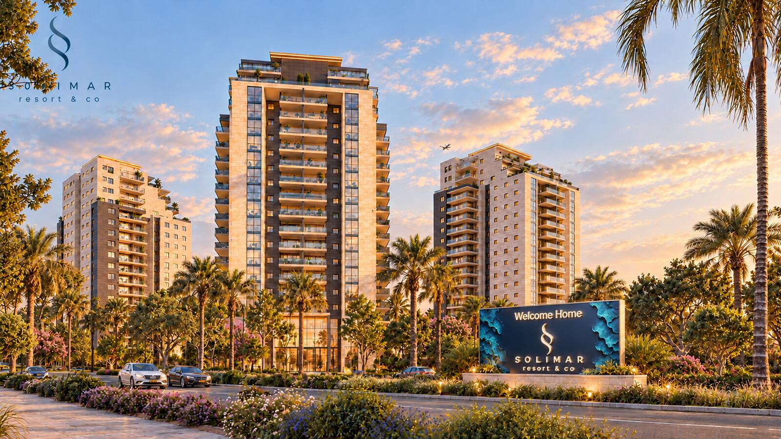SOLIMAR towers at sunset with the Welcome Home entrance sign